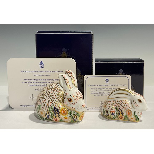 179 - An associated pair of Royal Crown Derby paperweights, Rowsley Rabbit, specially commissioned by John... 