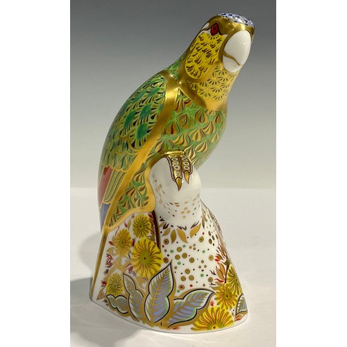 7 - A Royal Crown Derby Bird paperweight, Amazon Green Parrot, limited edition 1,082/2,500, gold stopper... 