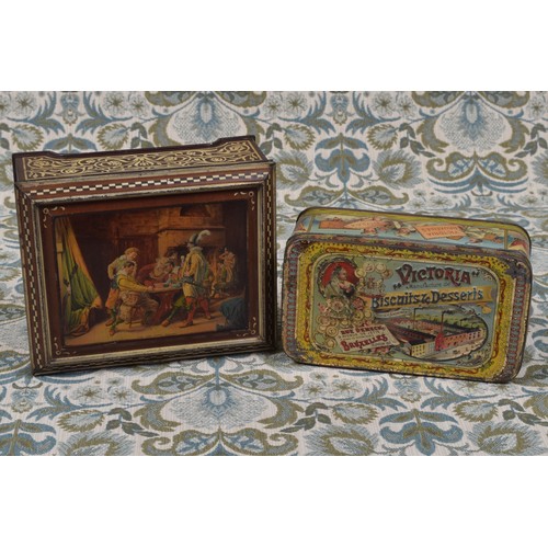 258 - Advertising - a Belgian rounded rectangular shaped pictorial biscuit tin, the lid with illustration ... 