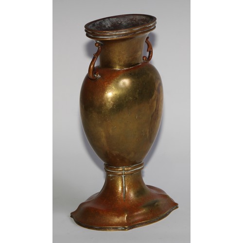285 - A Chinese gilt bronze flattened ovoid vase, scroll handles to shoulders, shaped base, 23cm high, 19t... 