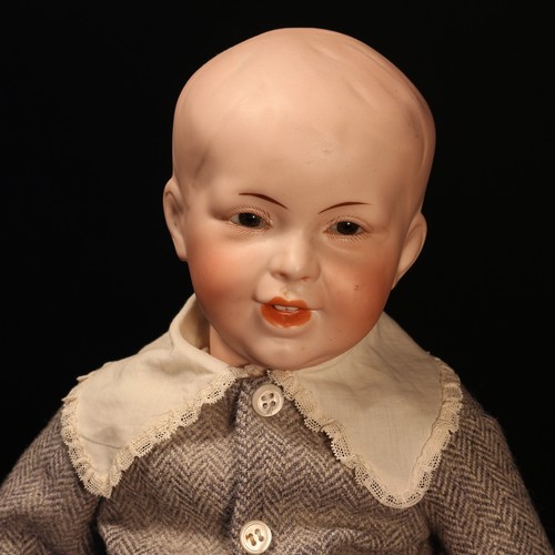 6198 - An SFBJ (France) bisque head and painted composition bodied character doll, the bisque head with fix... 