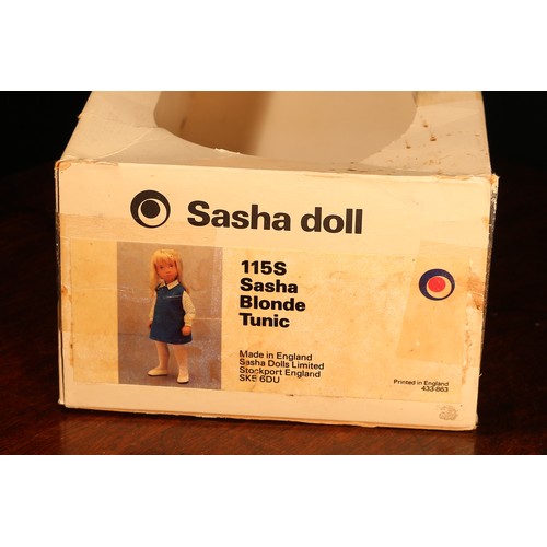 6215 - A Trendon Sasha Morgenthaler 115S Sasha blonde doll, wearing a blue and white shirt with blue tunic ... 