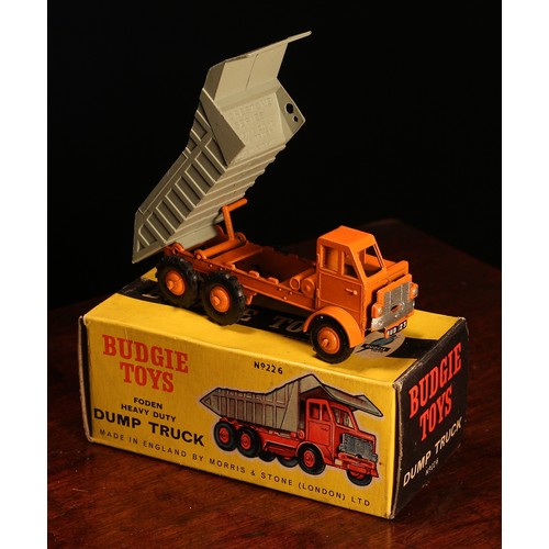 6219 - Budgie Toys No.226 dump truck, orange cab and chassis with grey tipping piece, orange ribbed hubs, b... 