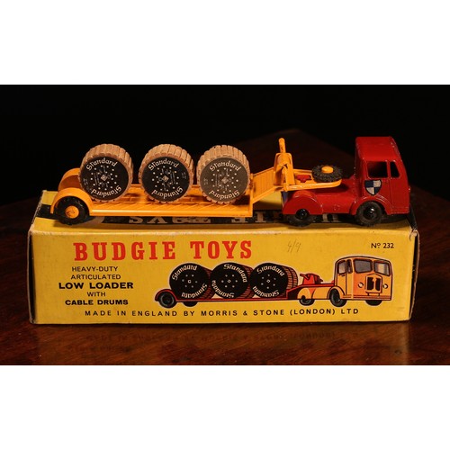 6221 - Budgie Toys No.232 heavy-duty articulated low loader with cable drums, red cab, deep yellow/orange l... 