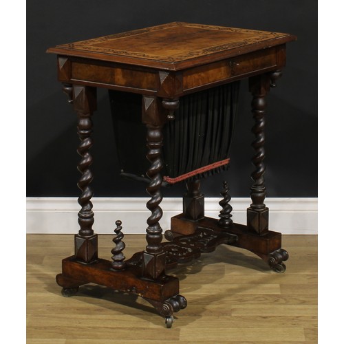 102 - A 19th century burr walnut, maple, rosewood and oak work table, 73cm high, 59.5cm wide, 45cm deep