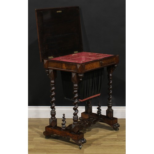 102 - A 19th century burr walnut, maple, rosewood and oak work table, 73cm high, 59.5cm wide, 45cm deep