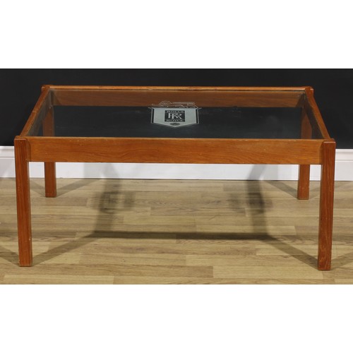 107 - Advertising & Automobilia - a retro mid-20th century glass and teak coffee table, the top etched wit... 