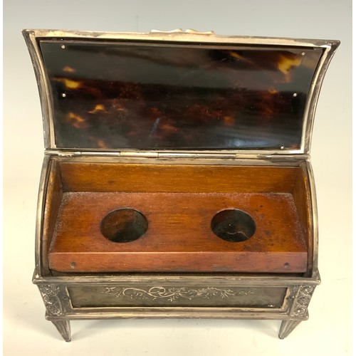 61 - An Edwardian silver and tortoiseshell dome-top table trinket box, the ornate case silver frame inset... 