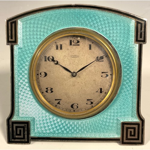 56 - An Art Deco silver and guilloche enamel easel strut timepiece, 5cm silvered clock dial inscribed wit... 