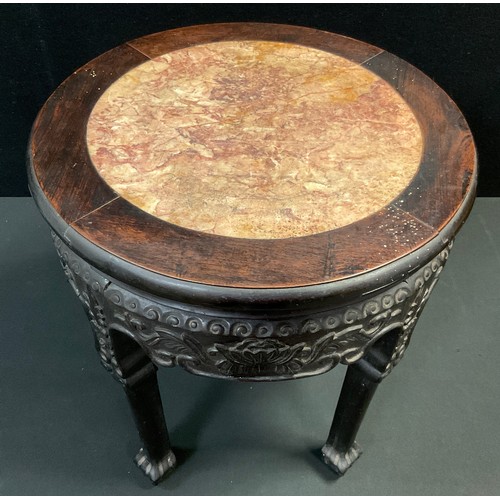 169 - A 19th century Chinese hardwood fish bowl stand, circular top with inset soapstone panel, above a de... 