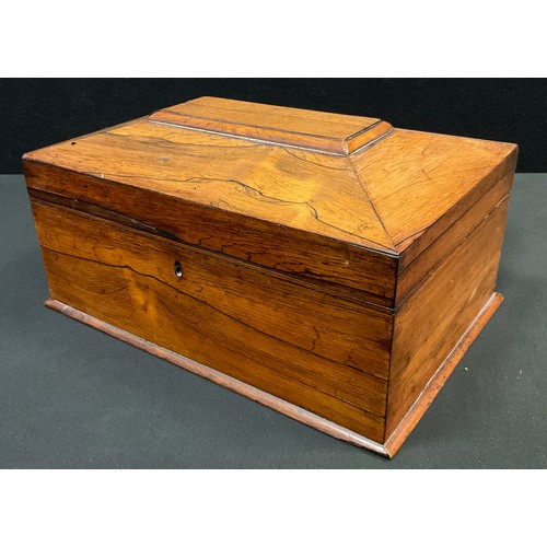 675 - A Victorian rosewood sarcophagus tea caddy / jewellery box, later fitted interior, 16cm high x 31cm ... 