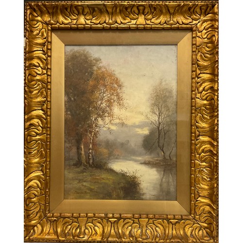 877 - Josiah Clinton Jones (1848-1936) 
A tranquil lowland river on a misty morning
signed, oil on board, ... 