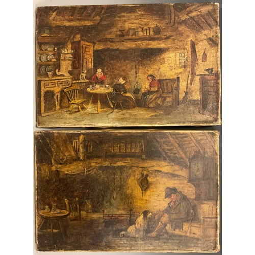 954 - Victorian school, (1837-1901), A pair, cottage interiors with figures, oils on canvas, 15cm x 23cm, ... 