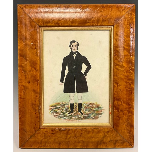 953 - Victorian school (1837-1901), Naive portrait of a fashionable gentleman, watercolour, inscribed to l... 