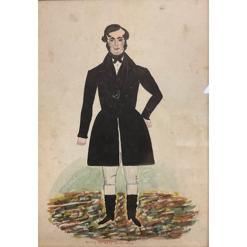 953 - Victorian school (1837-1901), Naive portrait of a fashionable gentleman, watercolour, inscribed to l... 