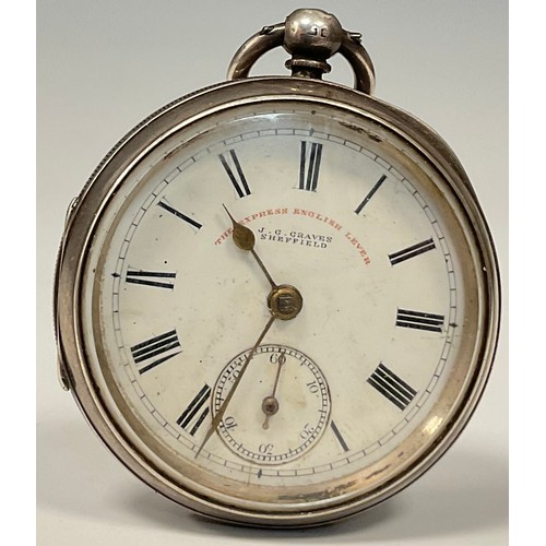 678 - A Victorian silver express English level open face pocket watch, white enamel dial, bold Roman numer... 