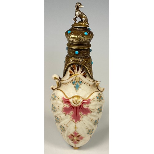 674 - A Victorian porcelain ornate scent, shaped floral teardrop bottle, with gilt top set with turquoise ... 