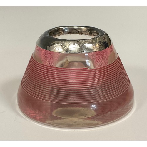An Edwardian coloured glass match striker, pale pink and clear ringed