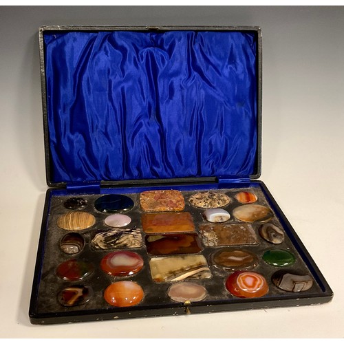 650 - A Victorian cased collection of polished mineral samples - cabochon, and faceted rectangular cut sto... 