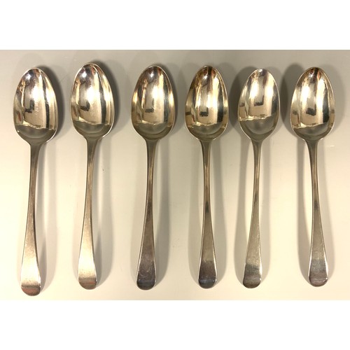 24 - A matched set of six George II and later silver table spoons, marks part rubbed, mixed London, c.175... 