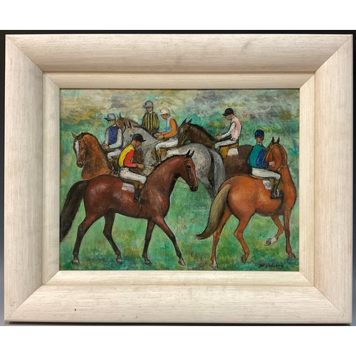 956 - W. Vulliamy, Jockey's before the start, signed, oil on board, Paris Salon and other labels verso, da... 