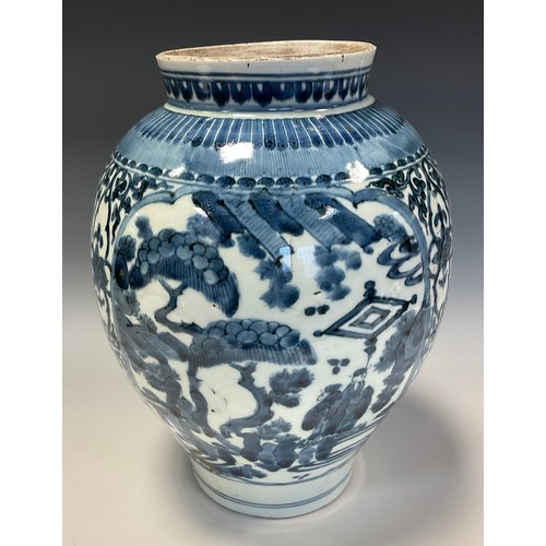 151 - A 17th century Japanese ovoid vase, painted in tones of underglaze blue in the Chinese taste with fi... 