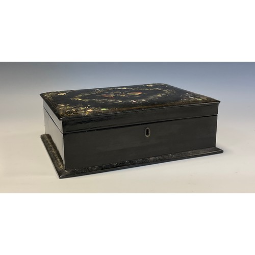 672 - A Victorian papier mache rectangular work box, hinged cover enclosing a fitted lift-out tray, 25cm w... 