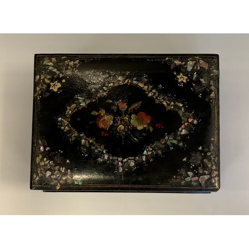 672 - A Victorian papier mache rectangular work box, hinged cover enclosing a fitted lift-out tray, 25cm w... 