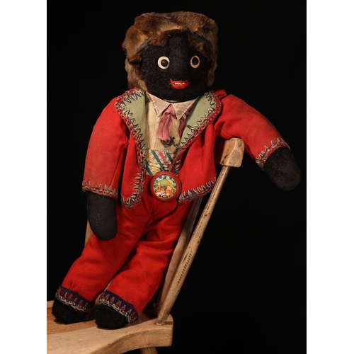 4005 - Folk Art - an early 20th century stuffed cloth black doll, the black 'mohair' type face with black a... 