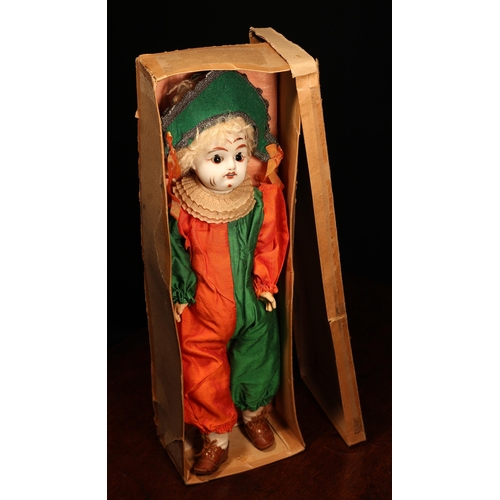 4038 - A French bisque head and jointed painted composition bodied novelty Clown or Pierott, the white bisq... 