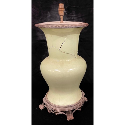 6 - A large 19th century Chinese celadon vase, gilt metal and hardwood mounted as a table lamp, 47cm to ... 