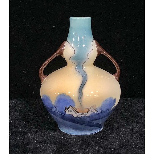 7 - A Foley Pastello gourd shaped two handled vase, pattern  number 3548, painted with a cottage and blu... 