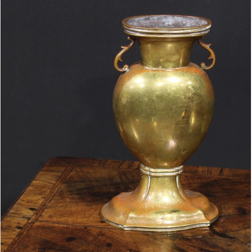 21 - A Chinese gilt bronze flattened ovoid vase, scroll handles to shoulders, shaped base, 23cm high, 19t... 