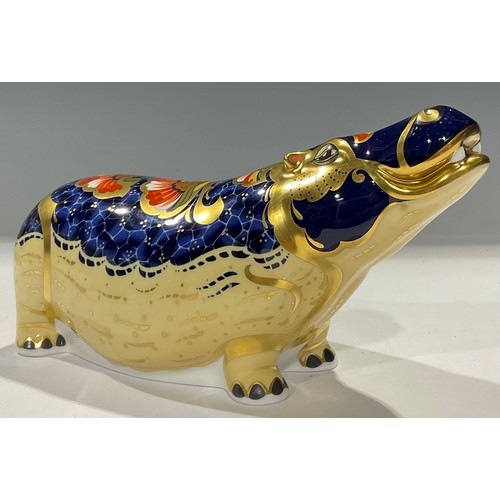 29 - A Royal Crown Derby paperweight, Hippopotamus, gold stopper, printed marks, 21cm, boxed