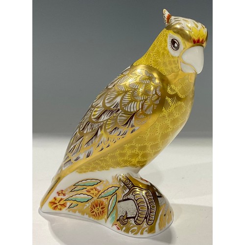 57 - A Royal Crown Derby paperweight, Citron Cockatoo, gold stopper, 13cm, red printed marks, boxed