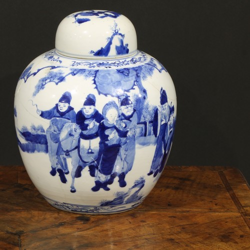 60 - A large Chinese ovoid ginger jar and cover, painted in tones of underglaze blue with figures, 31cm h... 