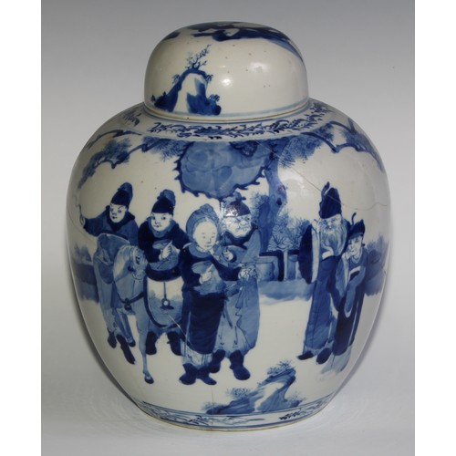 60 - A large Chinese ovoid ginger jar and cover, painted in tones of underglaze blue with figures, 31cm h... 