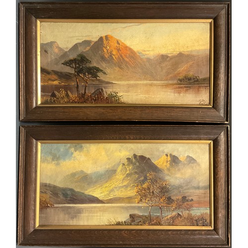 134 - Joel Owen (British, fl. 1900-1930) 
A pair, Highland Landscapes at sunset,
each signed, dated '29, o... 