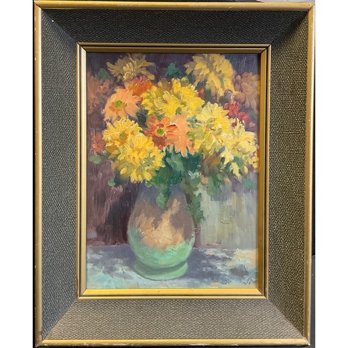 180 - English impressionist school, mid 20th century, Chrysanthemums in a vase, signed with monogram JPH, ... 