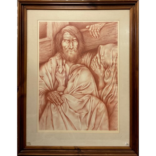 115 - Joyce Wyatt, Christ consoling the women, signed, red pastel, 78cm x 58cm;  another, The last rose, g... 