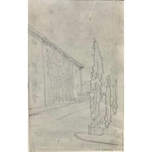 320 - After LS Lowry  
Buildings and Cyprus Trees  
pencil sketch, 28cm x 18cm