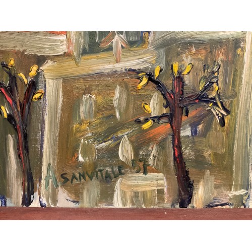 47 - Alberto Sanvitale  (Italian 1927-1999) Abstract City Towers & Trees, signed, dated 57, oil on canvas... 