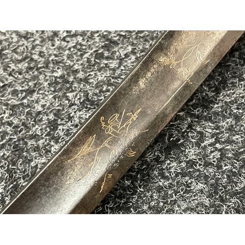 2055 - French Sword with curved, fullered, engraved blade 694mm in length. Brass guard. Wooden grip with co... 