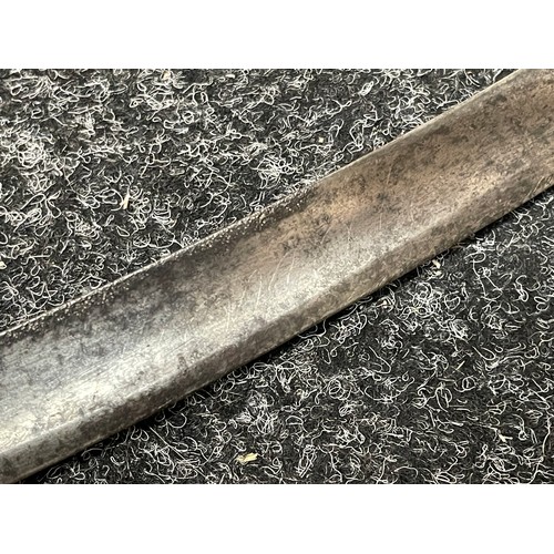 2055 - French Sword with curved, fullered, engraved blade 694mm in length. Brass guard. Wooden grip with co... 