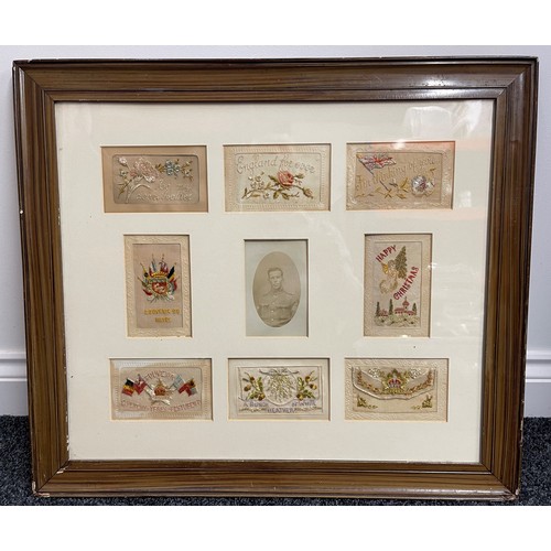 2067 - WW1 British Framed Silk Postcard Collection comprising of 8 cards plus one photo of a British Soldie... 