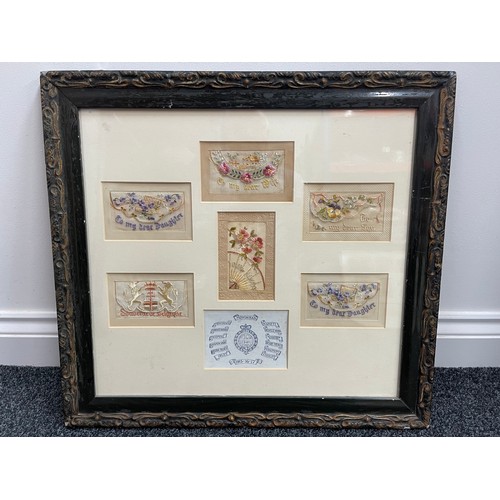 2068 - WW1 British Framed Silk Postcard Collection comprising of 6 silk cards and one postcard. Overall siz... 