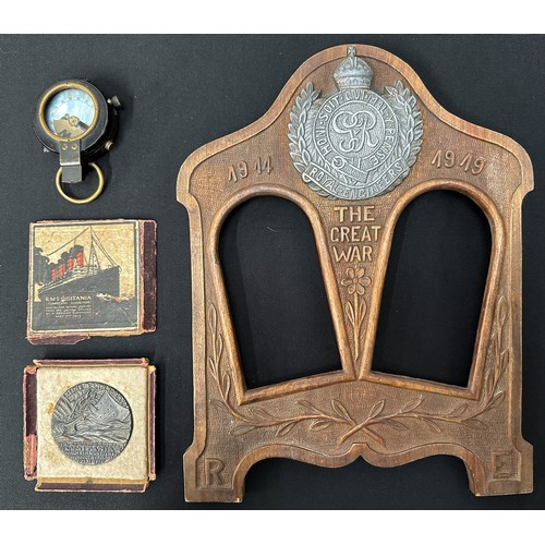 2073 - WW1 British Royal Engineers Trench Art Photo Frame, WW1 British Lusitania Medal in box and a Compass... 