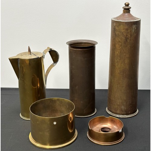 2075 - WW1 British Trench Art collection made from British, French and German shell cases. Coffee Jug, Gong... 