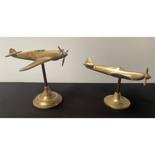 2117 - WW2 British Trench Art Brass Desk Ornaments in the form of a Spitfire and a Messerschimt 109 fighter... 