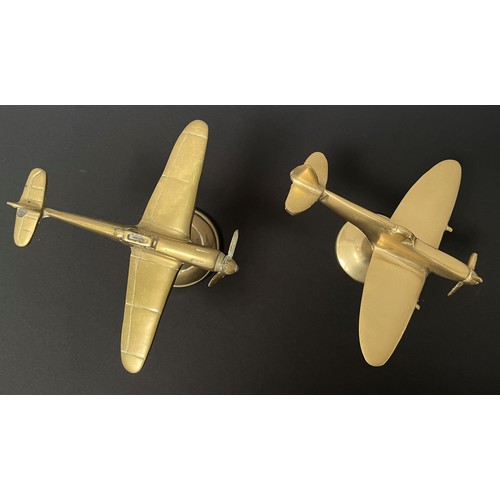 2117 - WW2 British Trench Art Brass Desk Ornaments in the form of a Spitfire and a Messerschimt 109 fighter... 